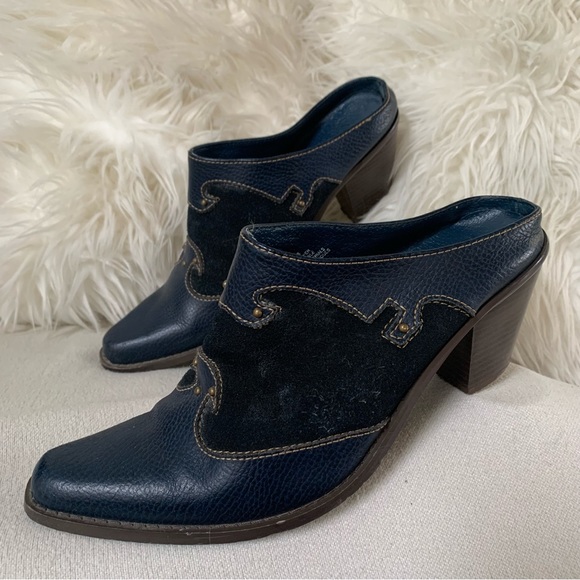 Western Navy Blue Leather Suede Studded Mule Heels - Picture 2 of 13